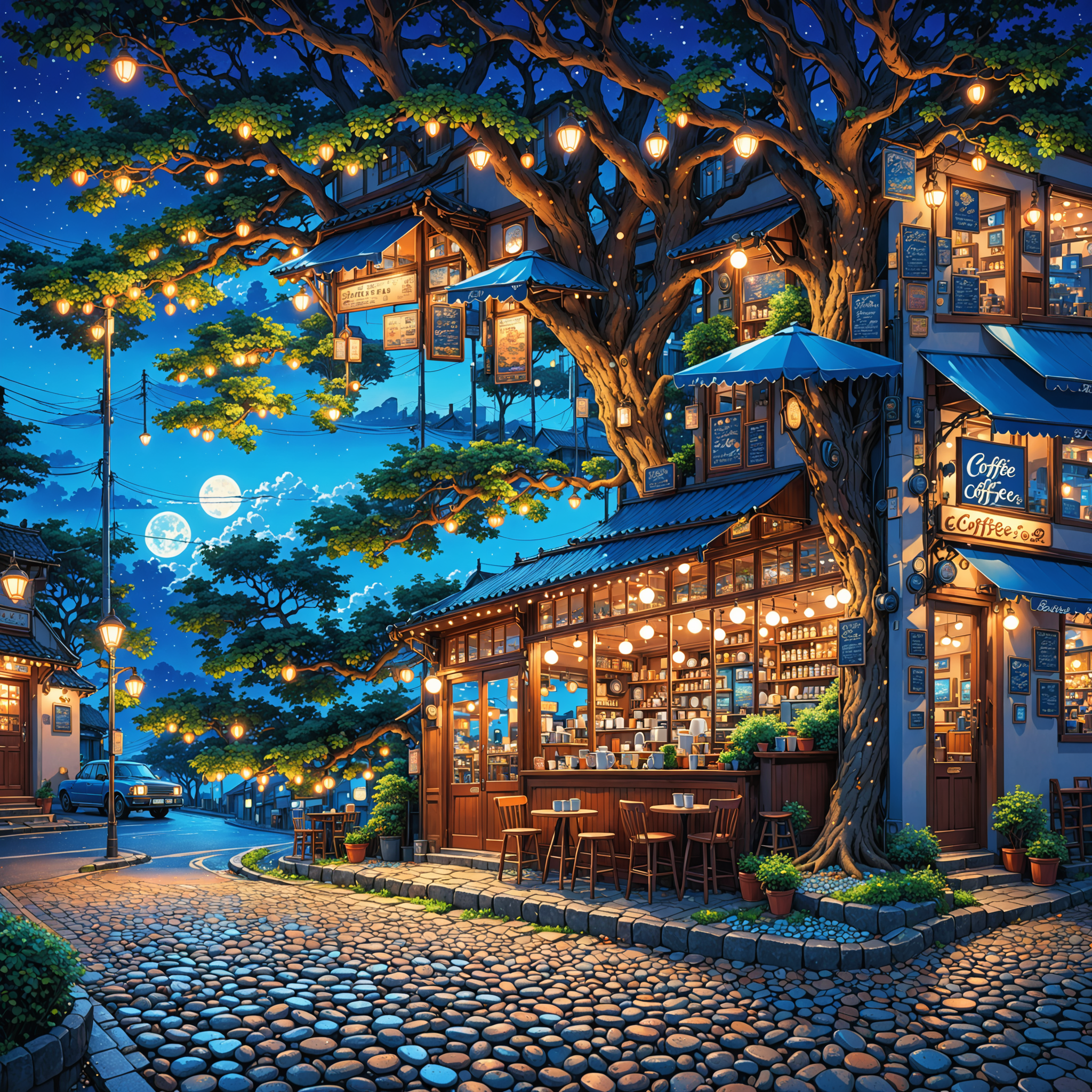 a very detailed coffee shop from outside, with a big tree next to it, blue sky, road with pebbles on it, much much detailed, a night scene